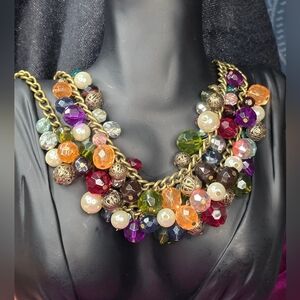 Vintage Avon SHA Beaded Double Strand Cluster Necklace Gold Tone Multi Color